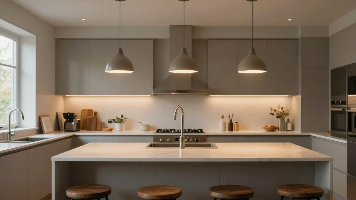 Cuisine moderne avec éclairage d'ambiance chaleureux et design.