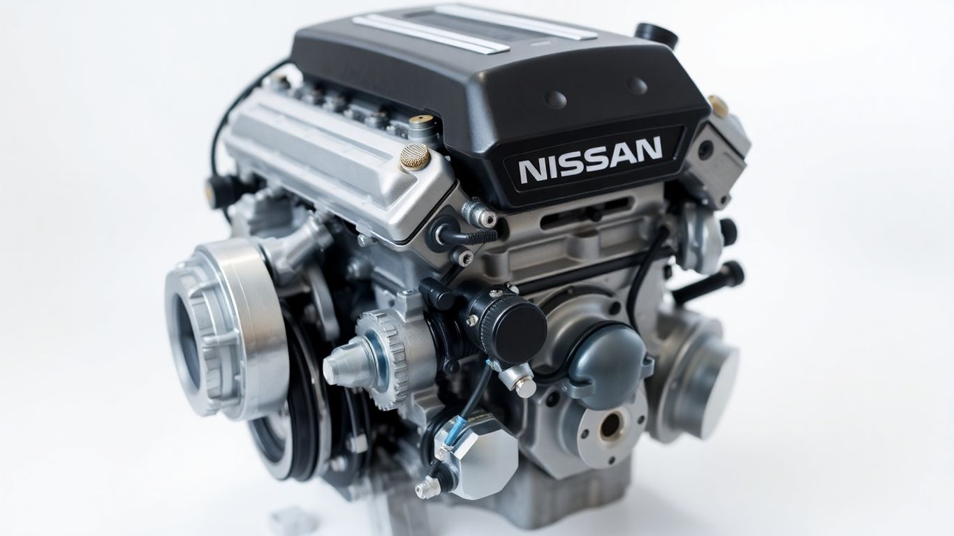 Reconditioned Nissan engine with polished metal components.