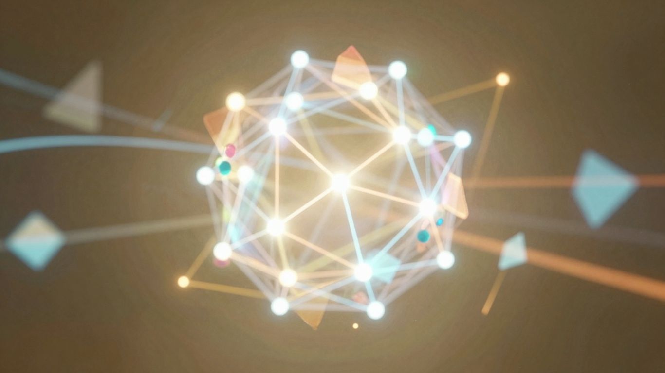 Abstract digital network with interconnected nodes and glowing lines.