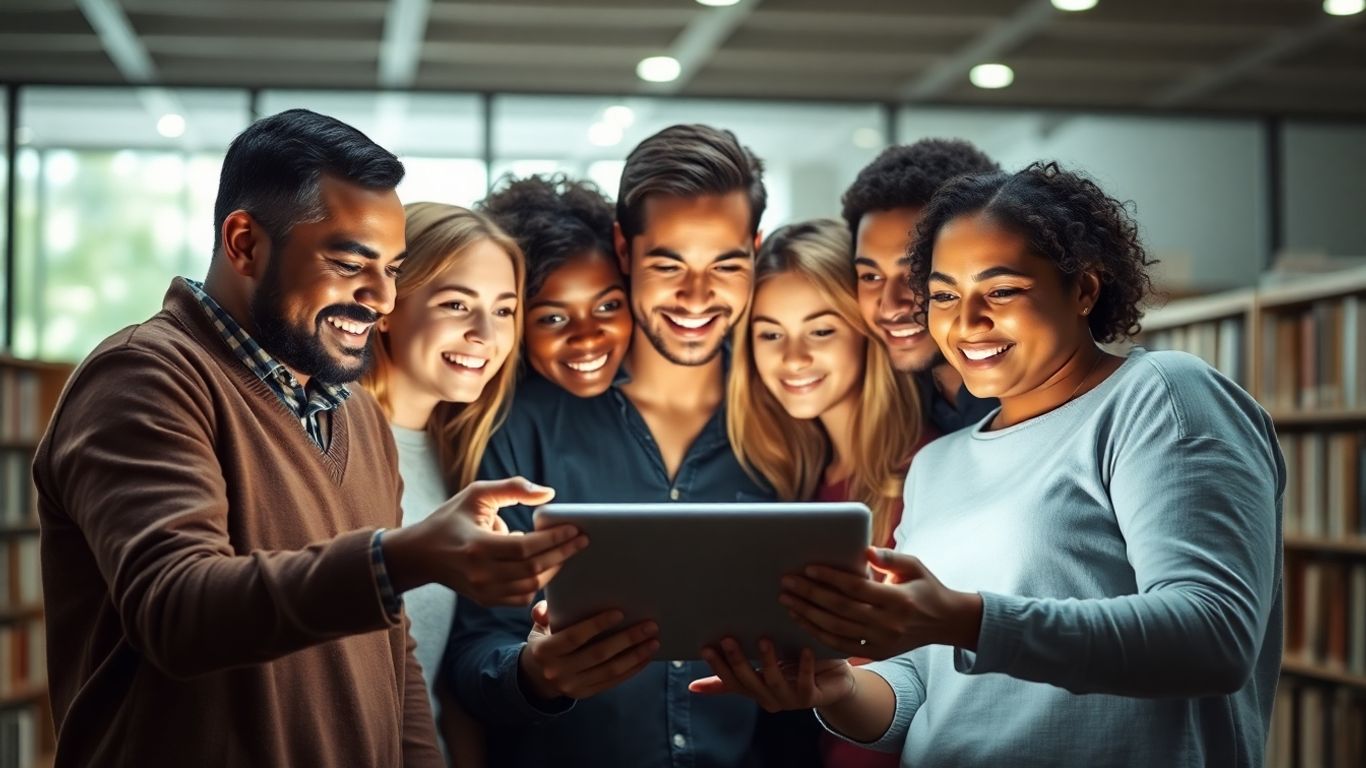 People accessing information on a futuristic tablet.