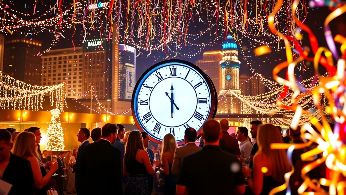 Dallas New Year's Eve party with city lights and confetti.