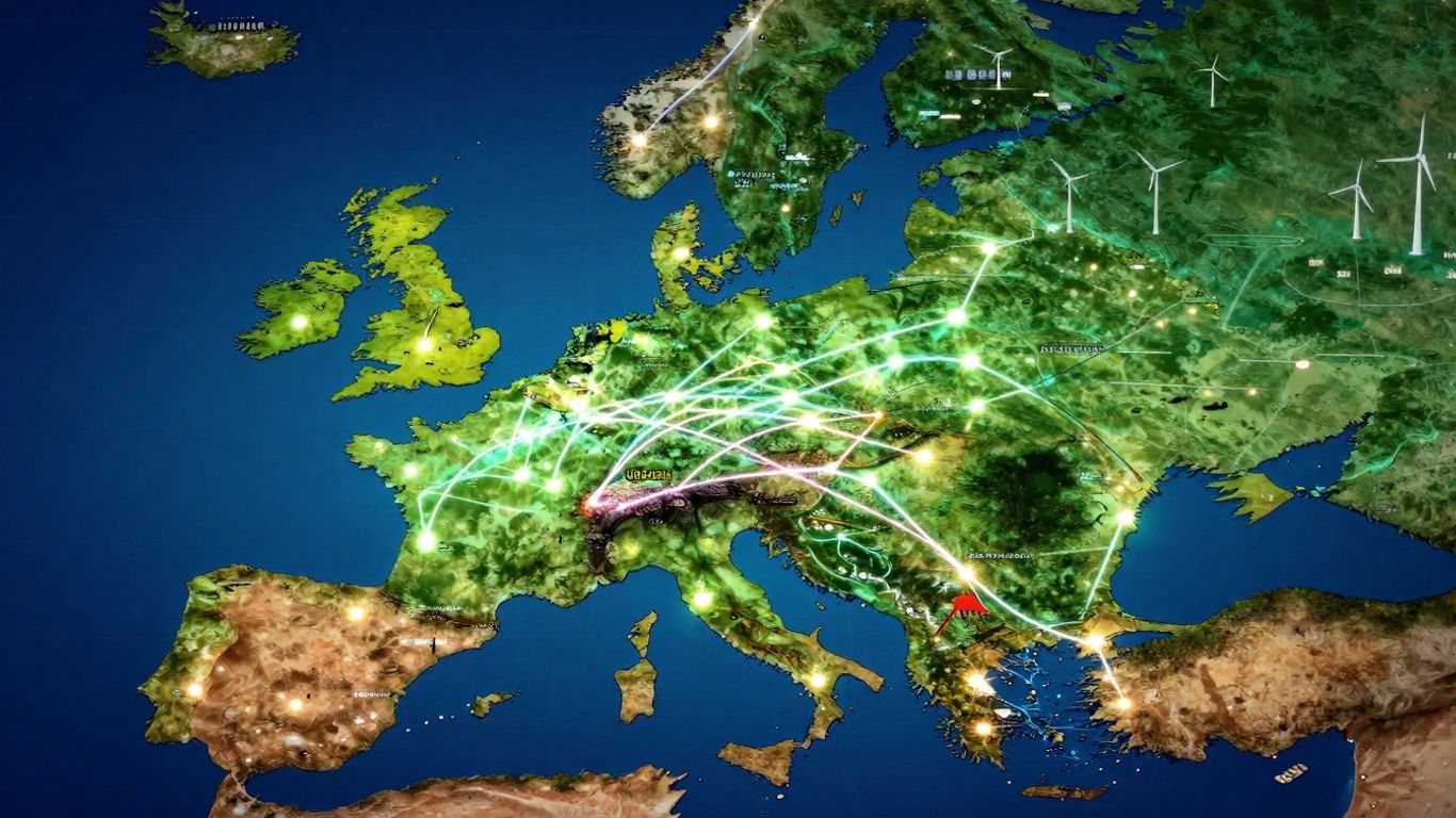 European electricity trade map with glowing power lines.