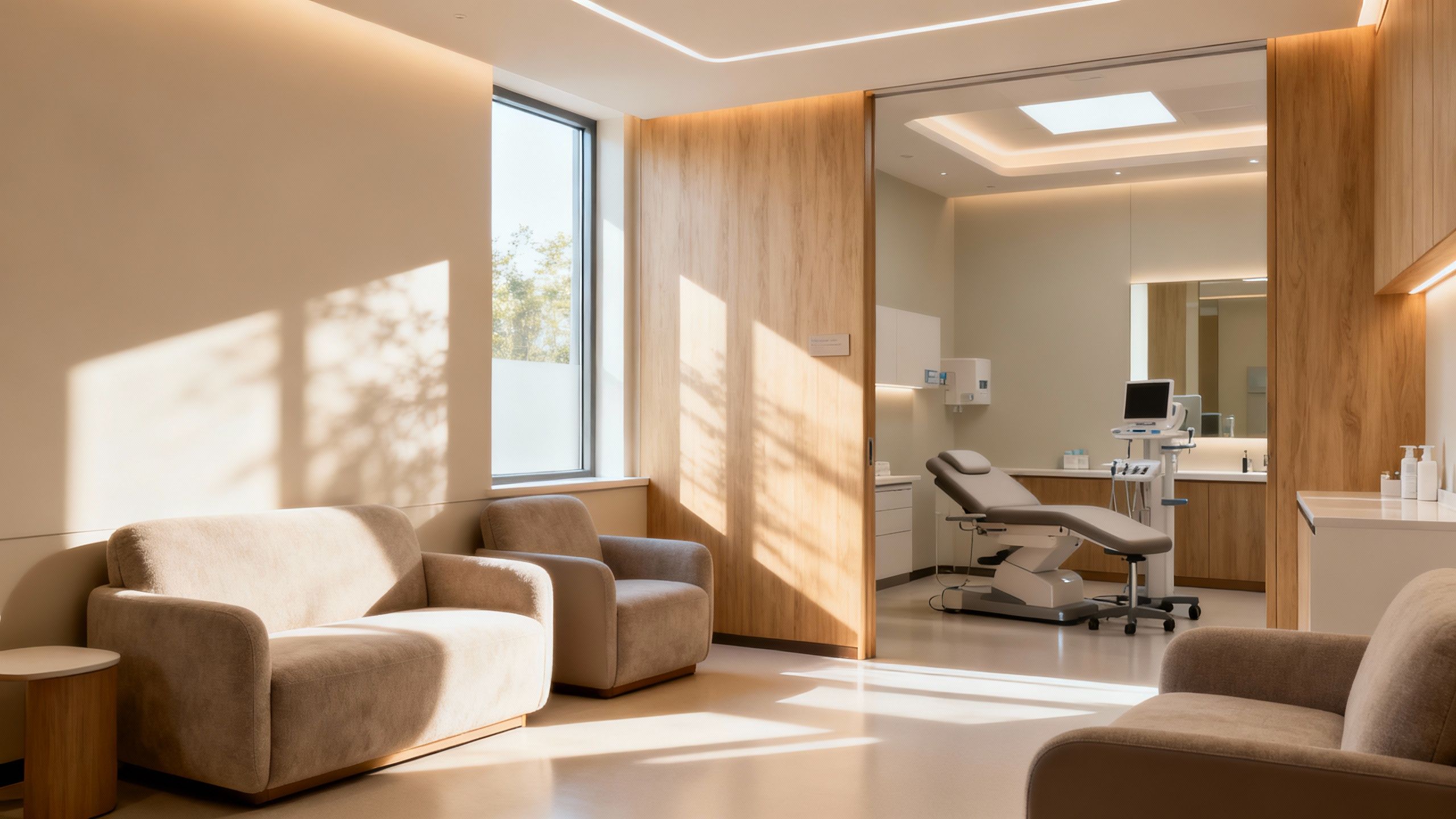 Modern aesthetics clinic interior with natural light and inviting seating.