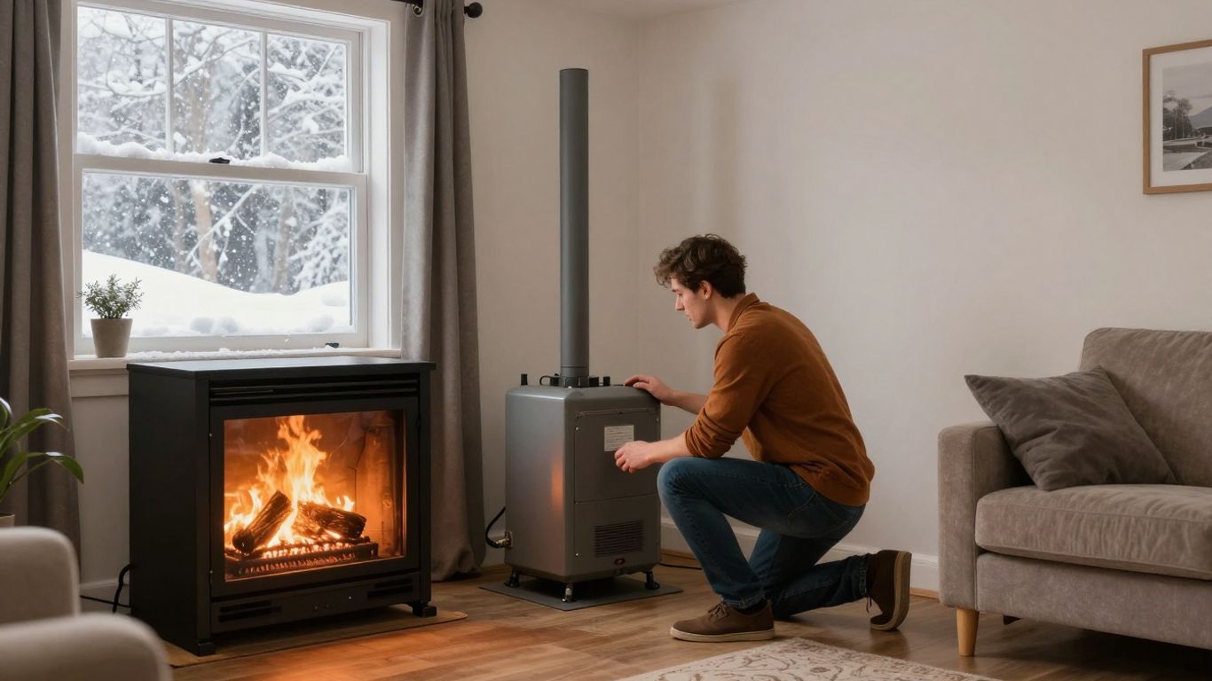 Homeowner checks furnace for winter HVAC maintenance.