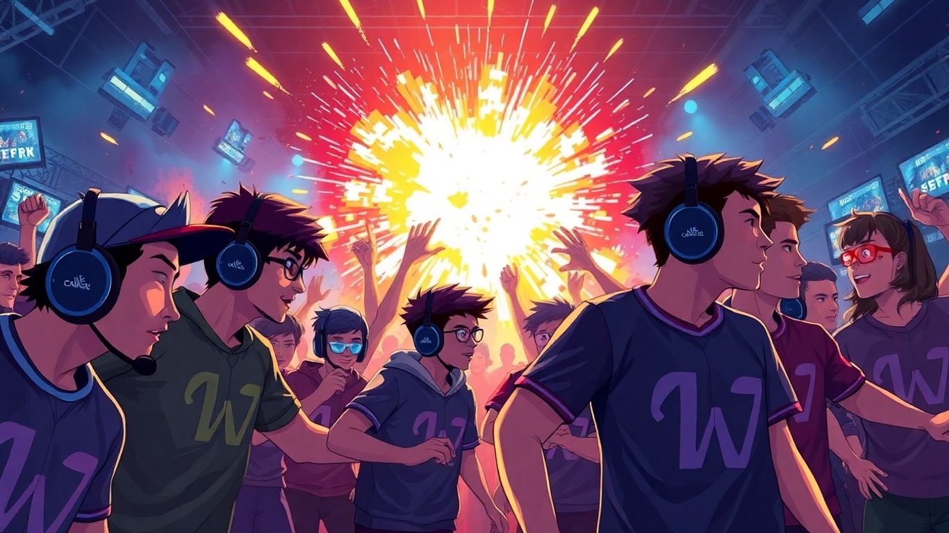 Diverse esports players in a dynamic, neon-lit gaming arena.