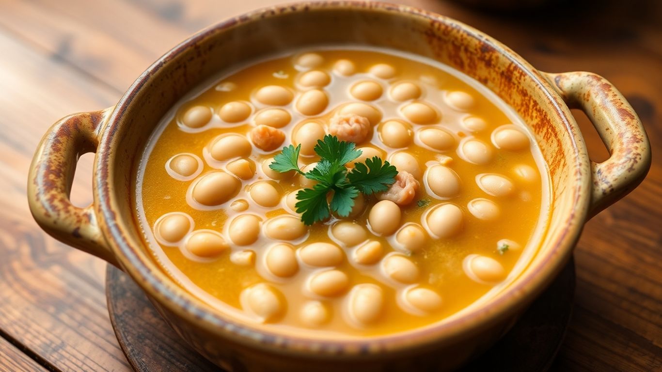 Bowl of Greek fasolada soup with parsley and olive oil.