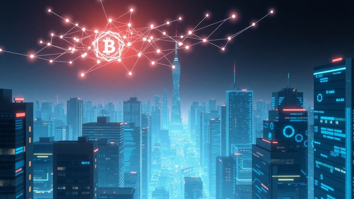 Decentralized AI and blockchain integration in futuristic city.