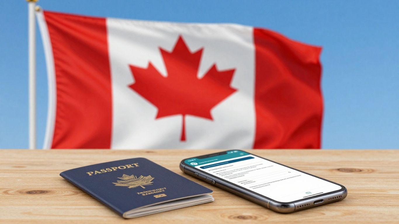 Canadian flag, passport, and smartphone with eTA document.