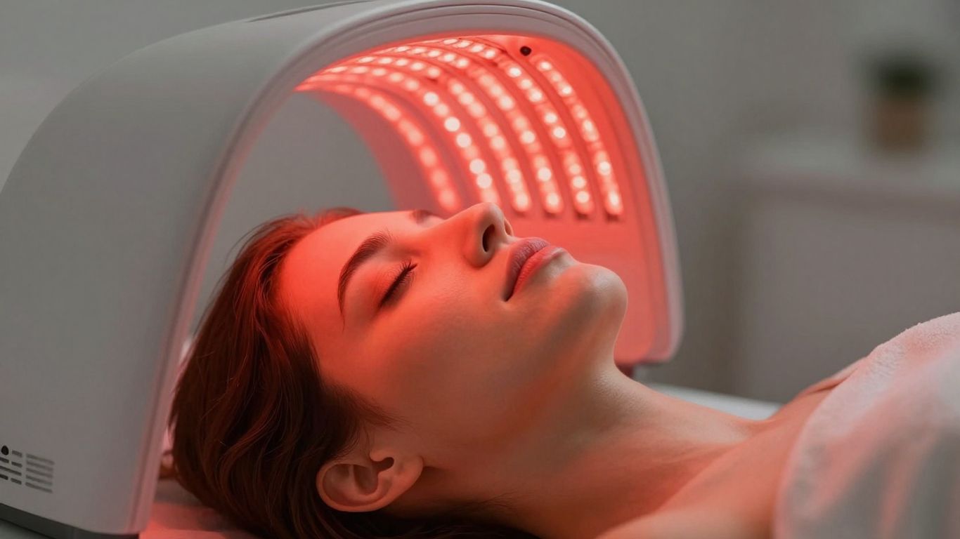 Person receiving red light therapy treatment.
