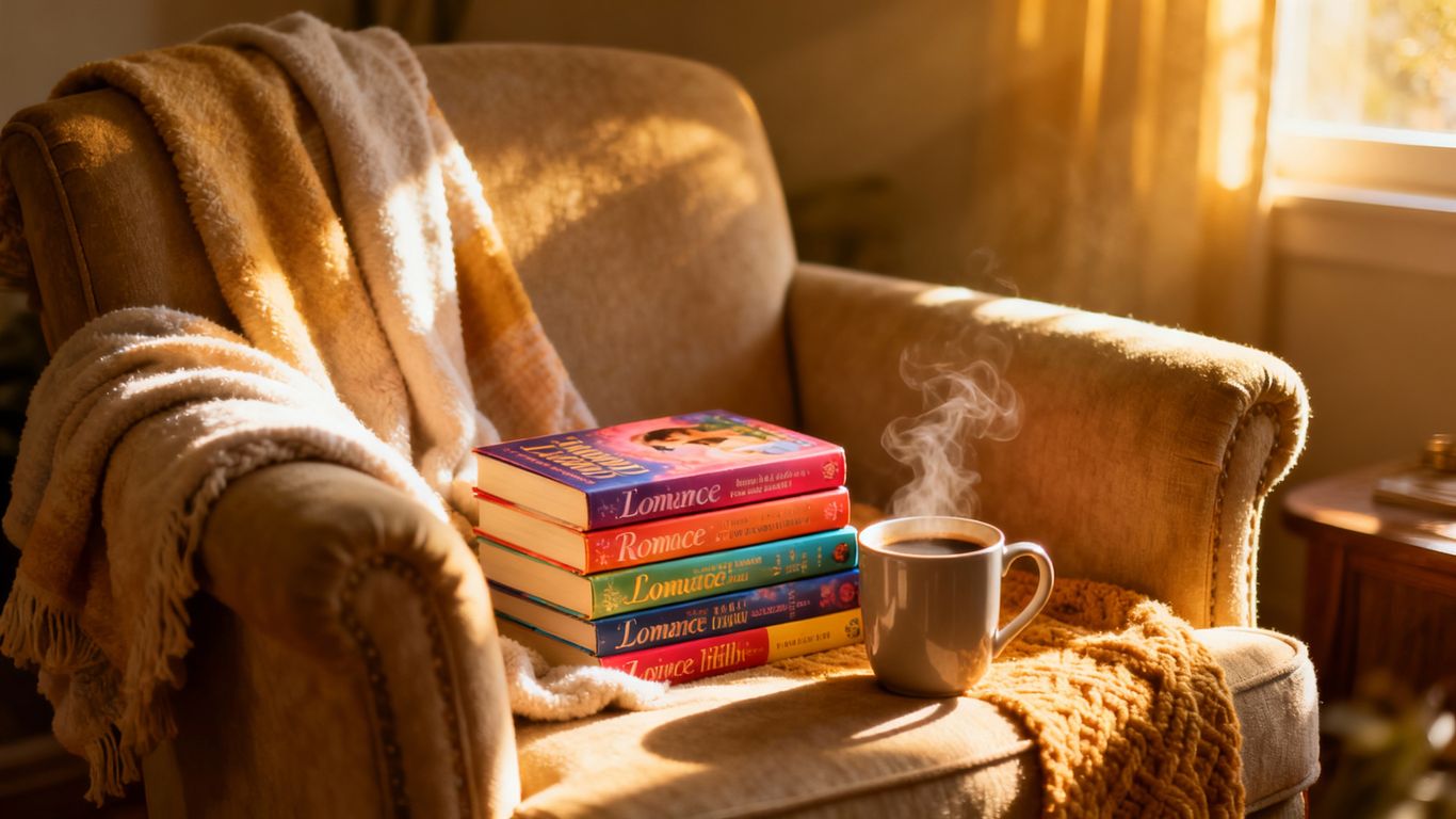 Cozy reading nook with romance novellas and coffee.