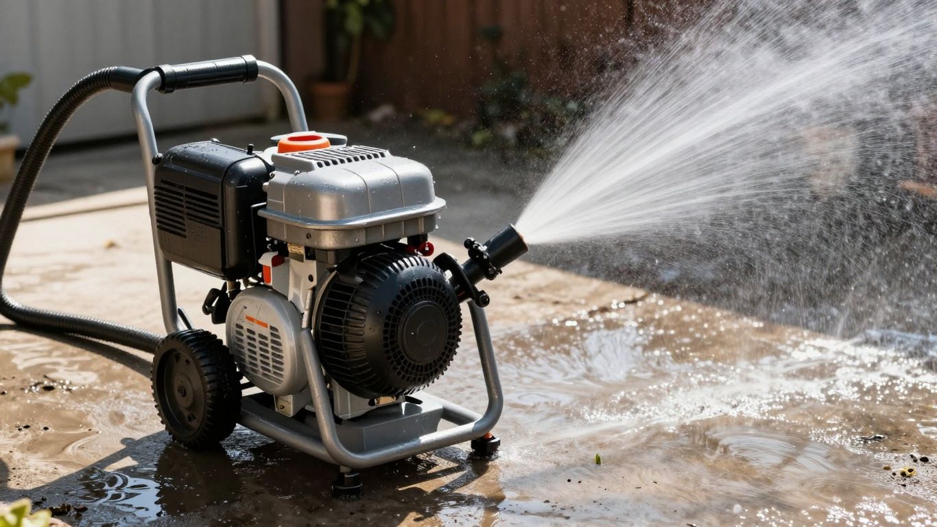 Petrol jet washer spraying water on patio.