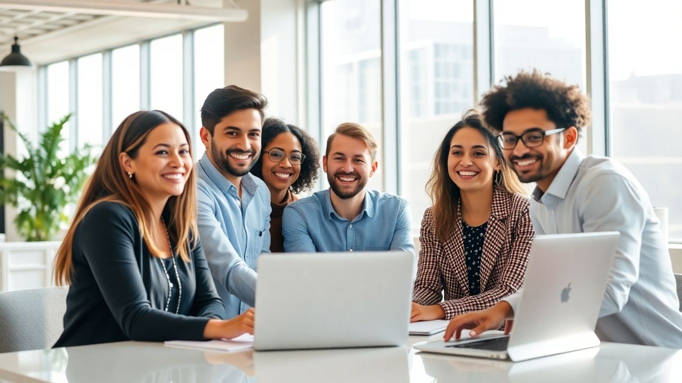 Happy employees in a bright, modern office.