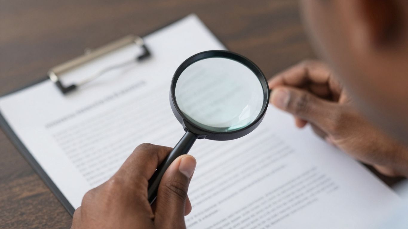 Consumer reviewing credit report document with magnifying glass.