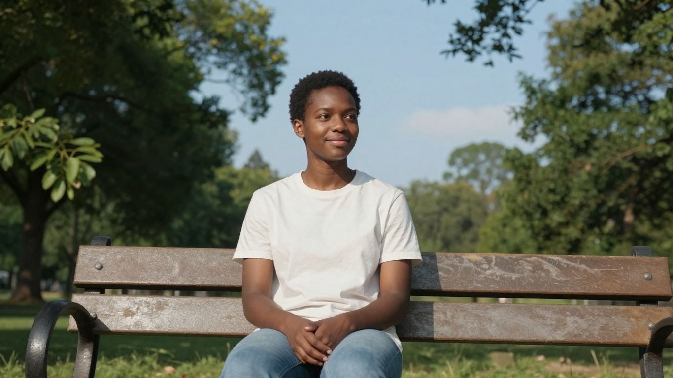 Persoană relaxată pe o bancă în parc, bucurându-se de soare.