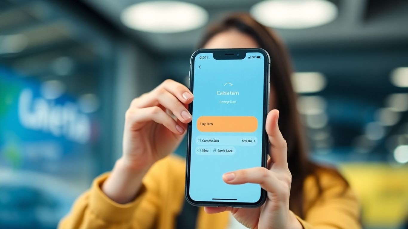 Pessoa feliz com celular Caixa Tem