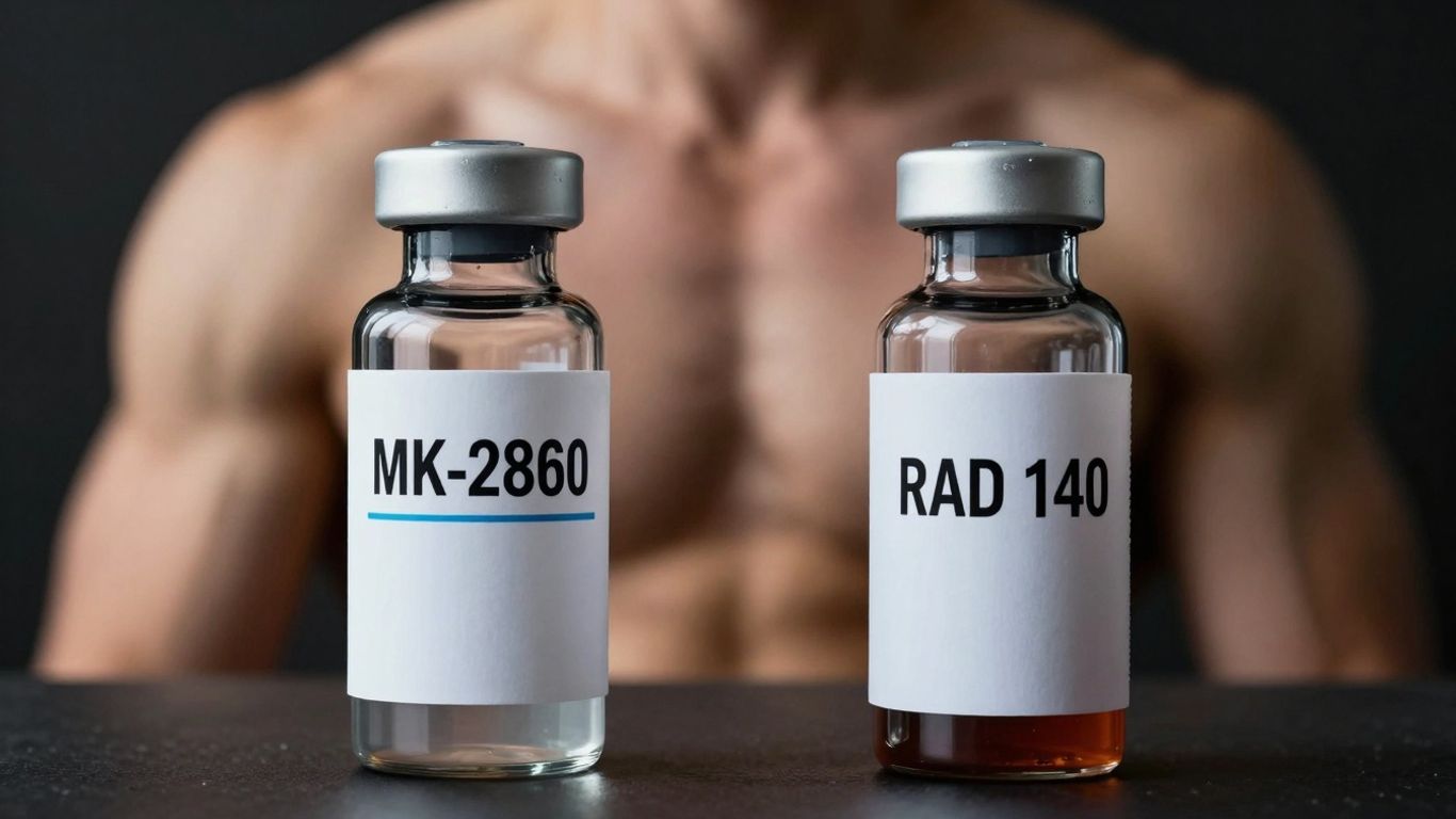 MK-2866 and RAD 140 vials with athletic background.
