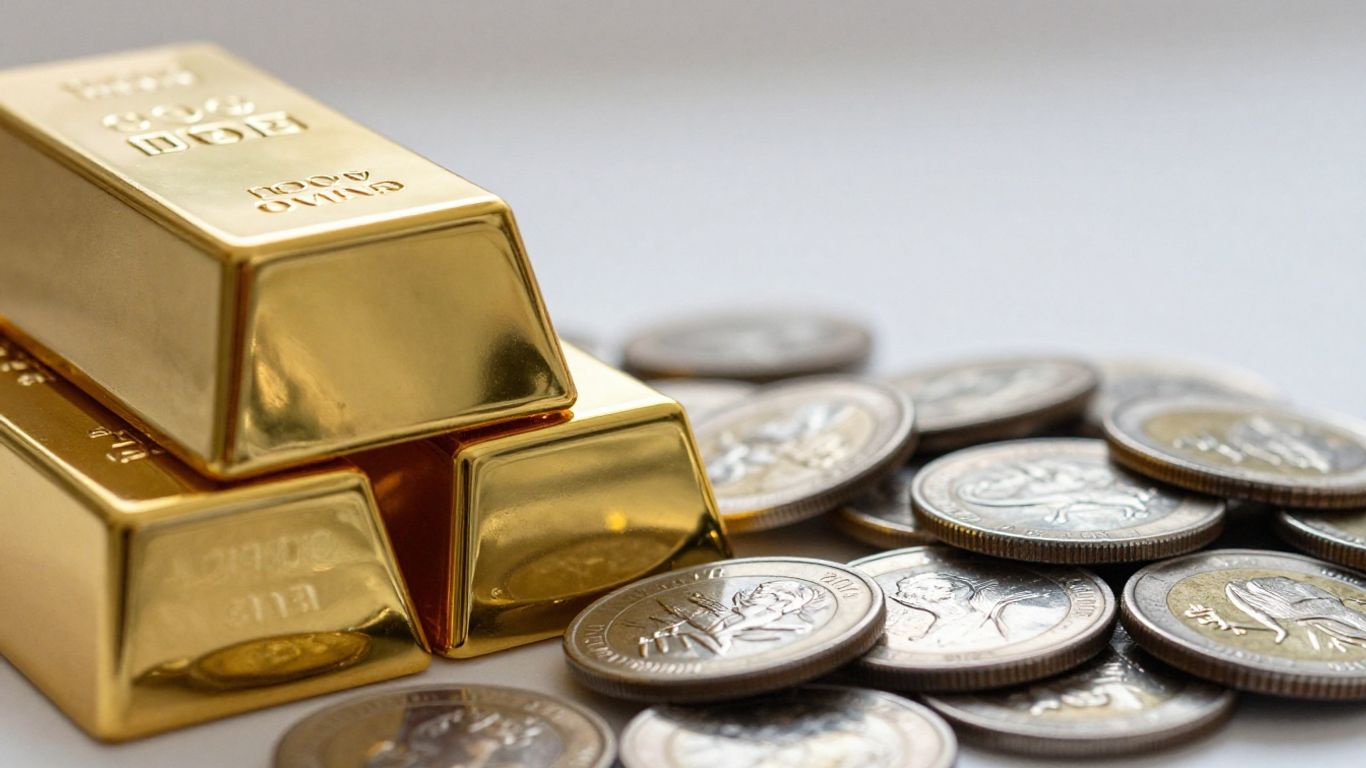 閃亮的金條和銀幣。