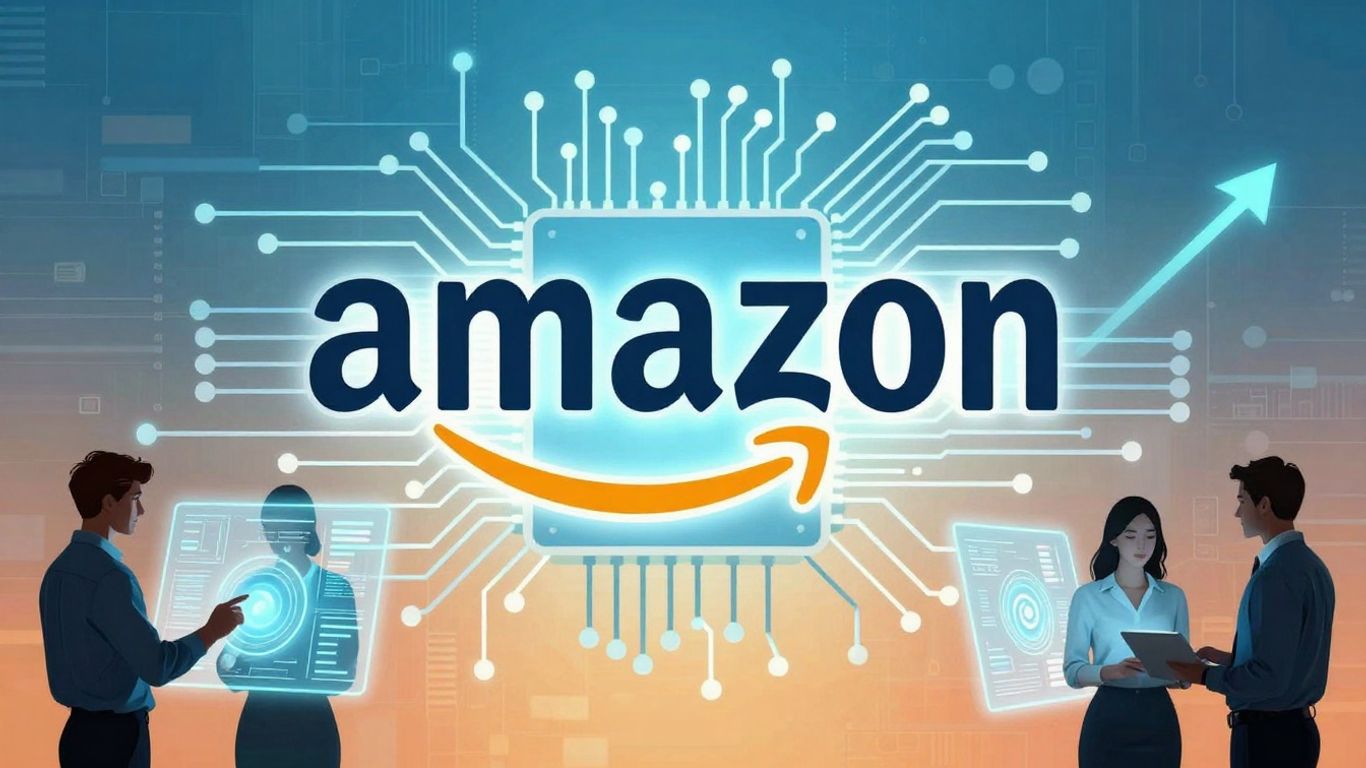 Amazon IT support job infographic with career growth elements.