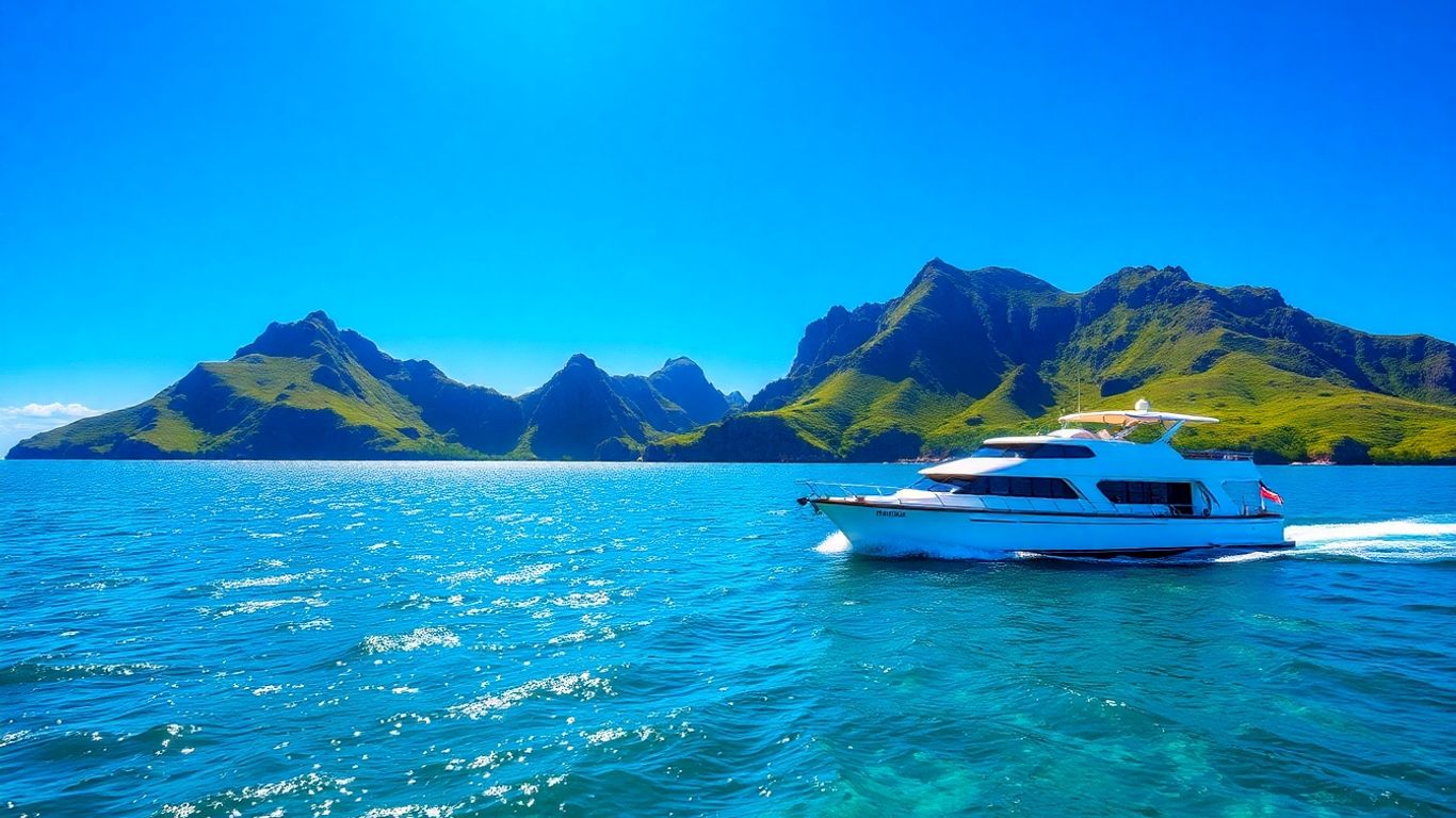 Private boat sailing turquoise waters, Komodo islands.