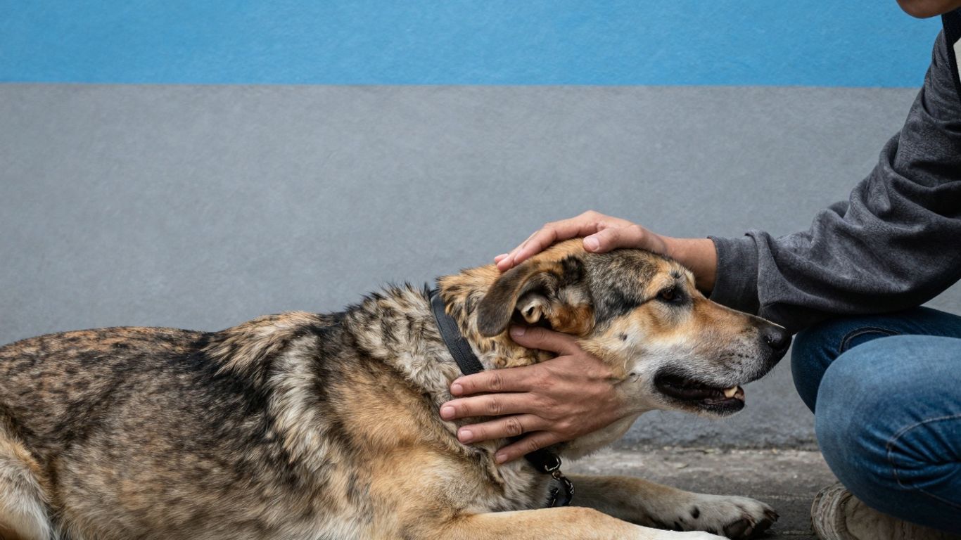 Homeless person petting their dog, UK street.
