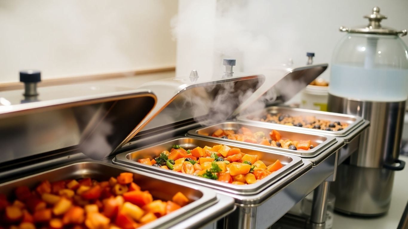 Professional catering equipment with fresh food displays.