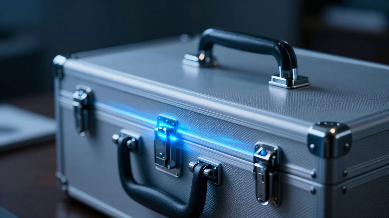 Locked briefcase with glowing blue light, representing trade secrets.