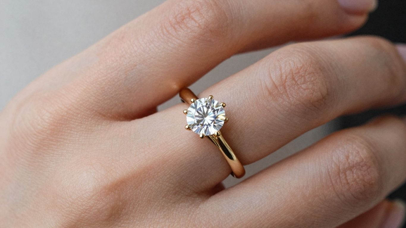 Sparkling gold engagement ring with diamond on woman's hand.