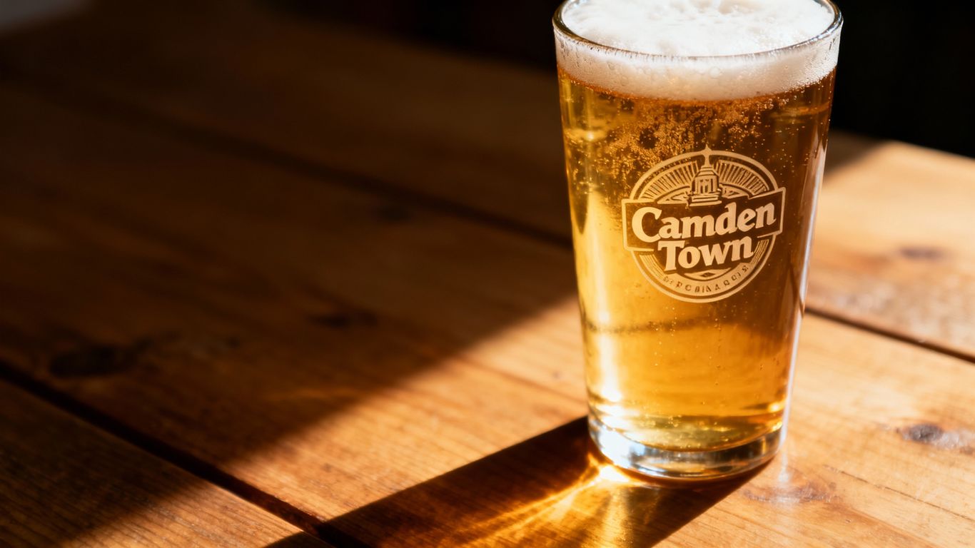 Camden Town pint glass filled with beer.