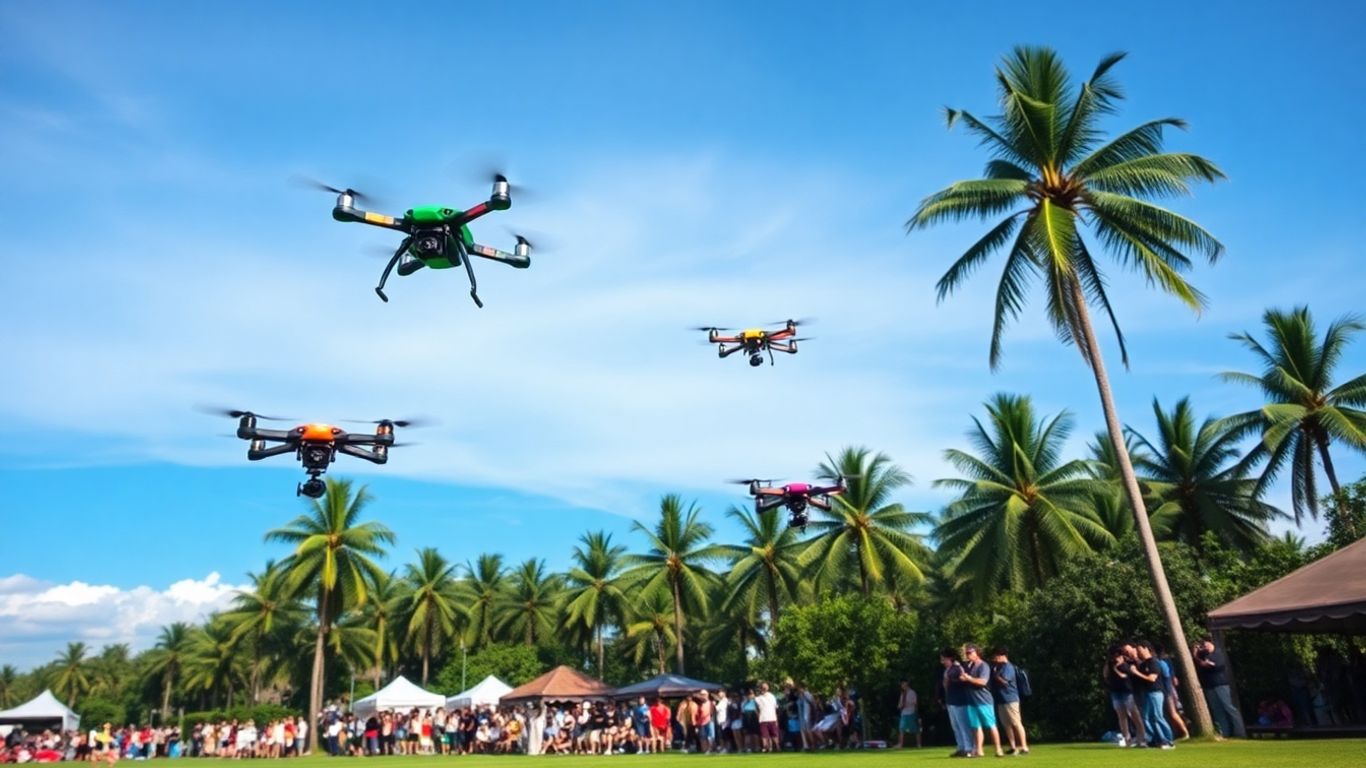 Lomba drone di Bali dengan kerumunan dan pohon kelapa.