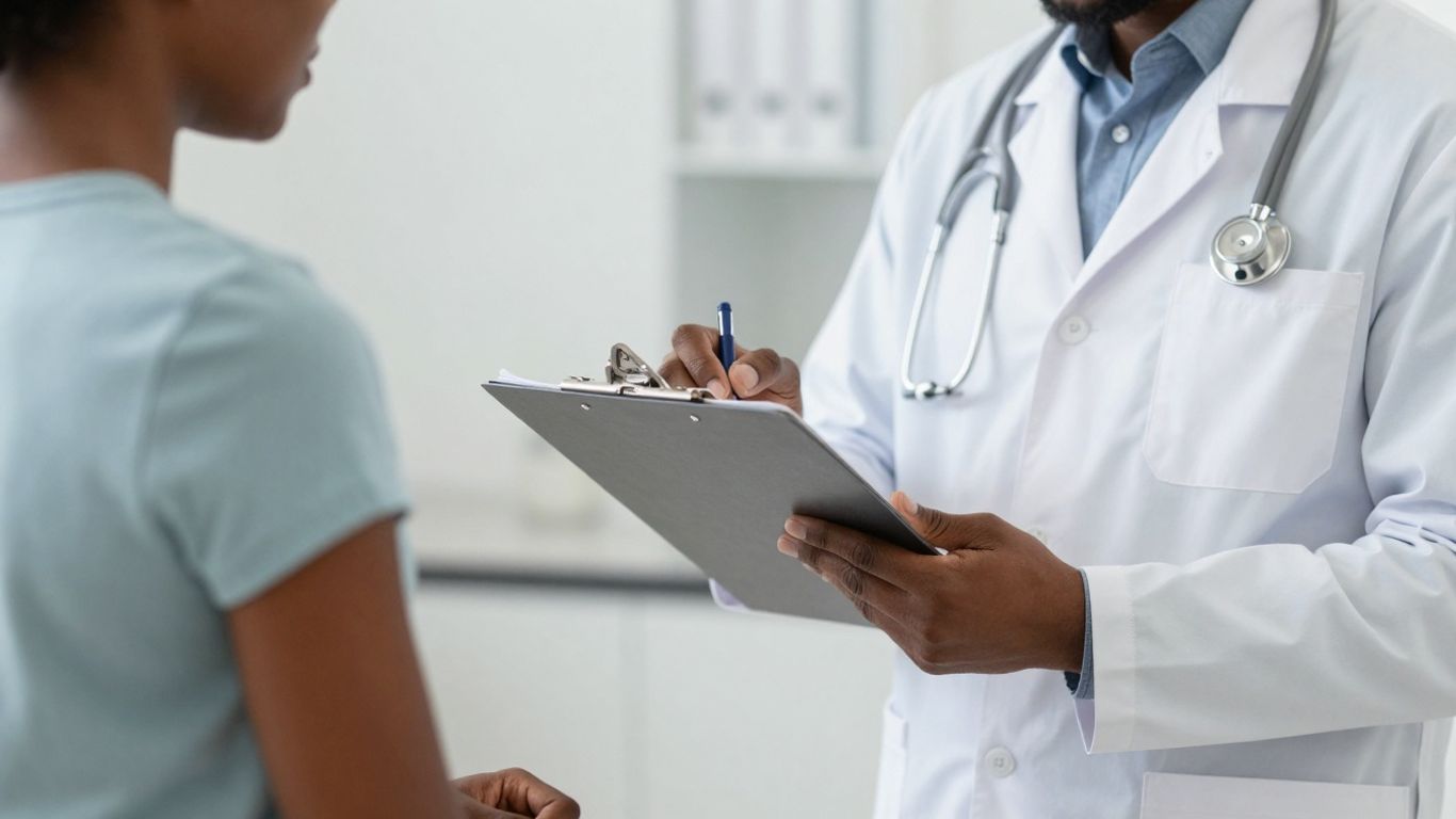Doctor examining a patient, discussing health.