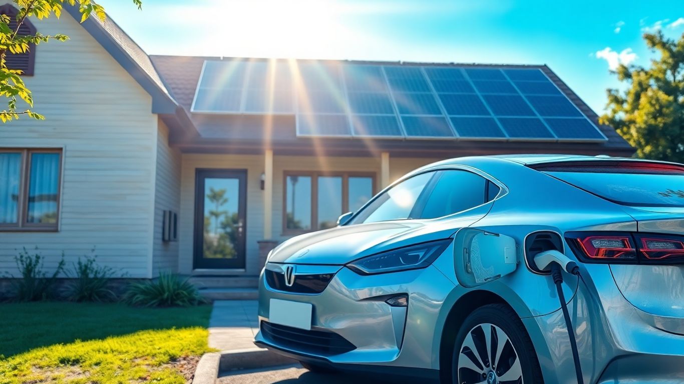 Voiture électrique et panneaux solaires sous le soleil.