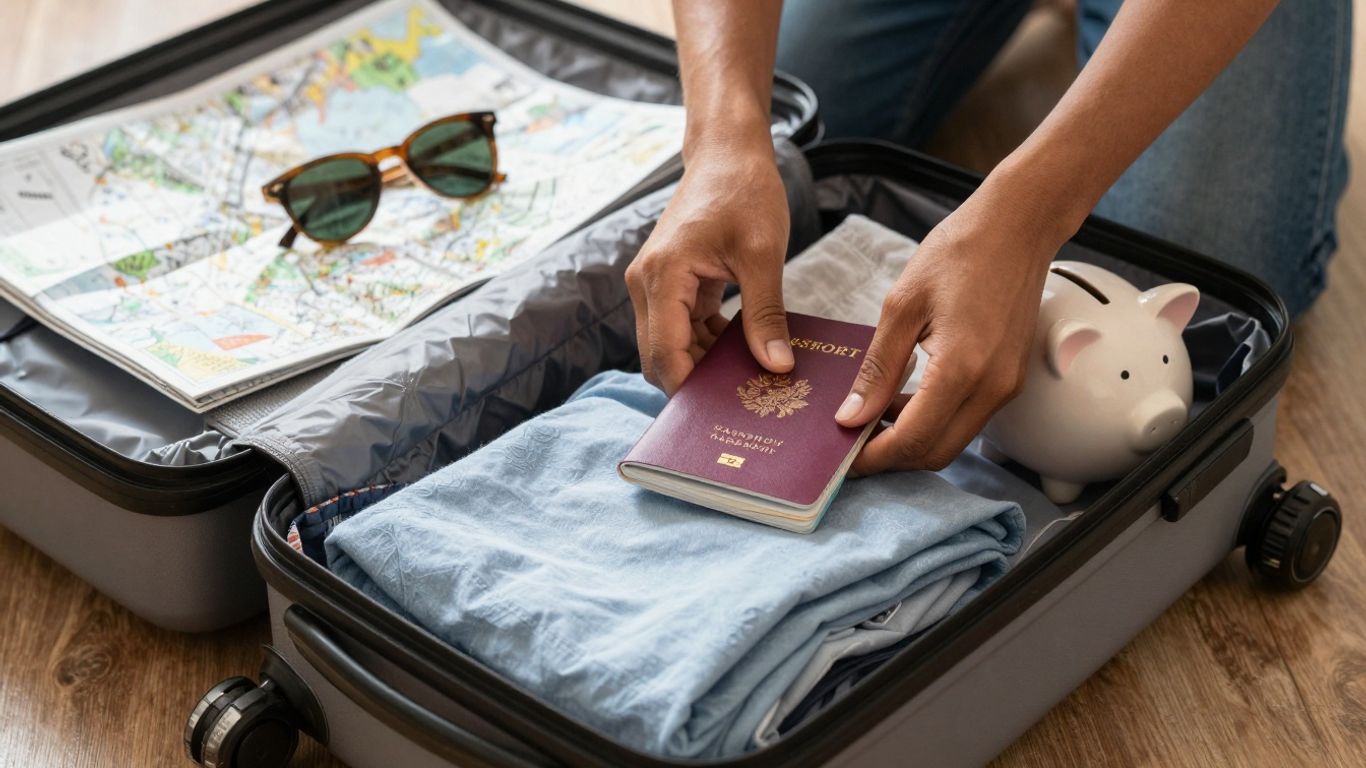 Suitcase packed with travel items and a piggy bank.