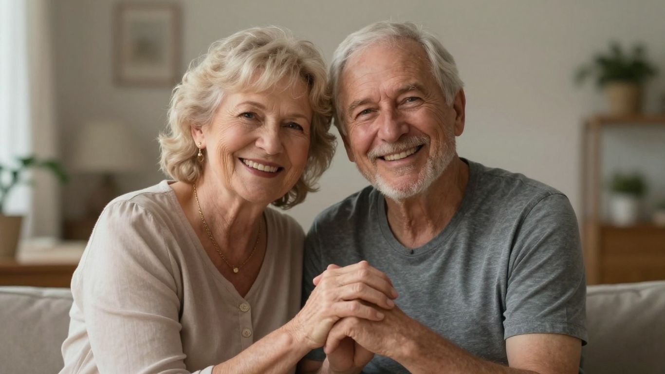 Senior couple holding hands, looking secure.