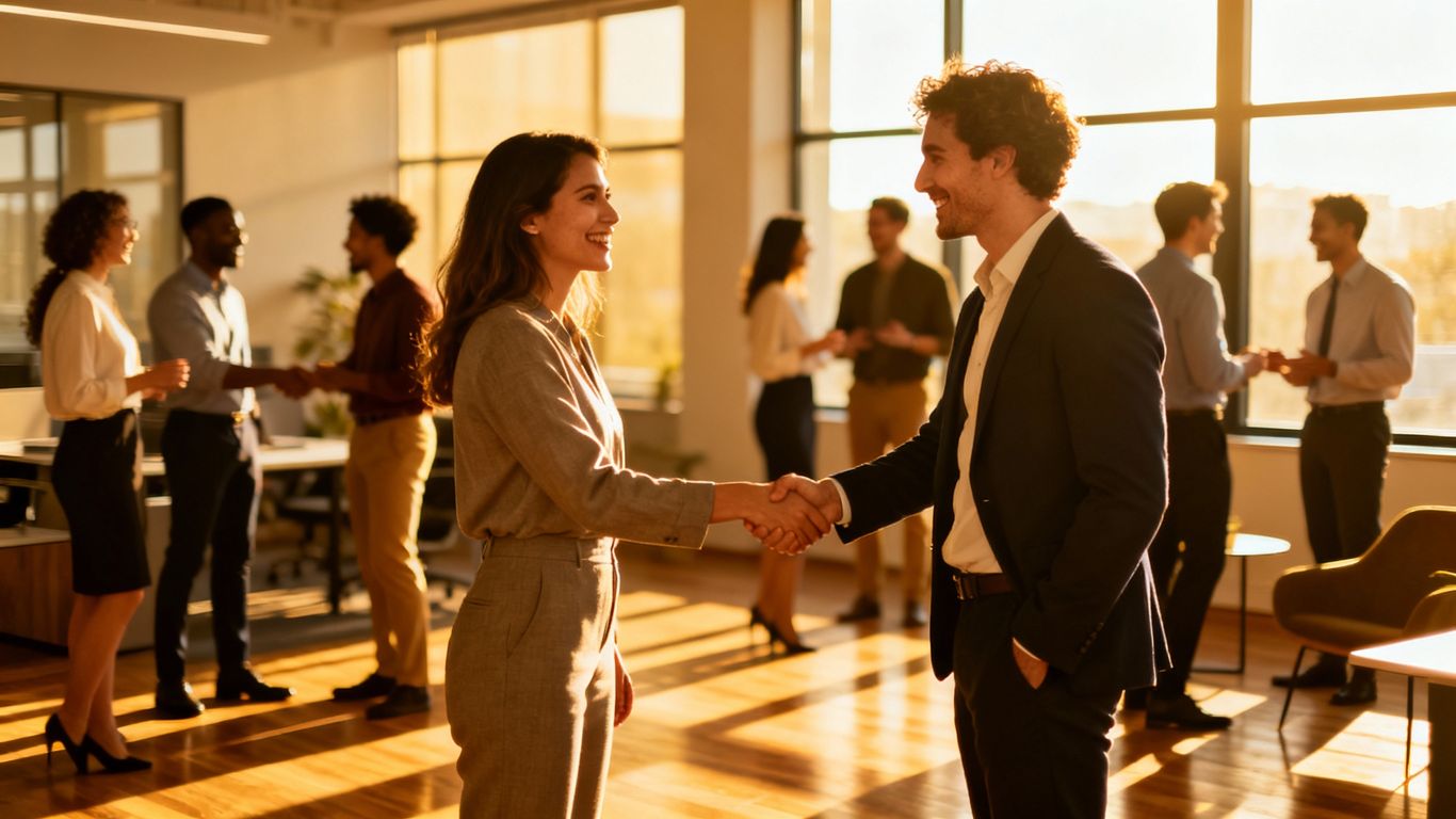 Entrepreneurs networking and shaking hands in a modern space.