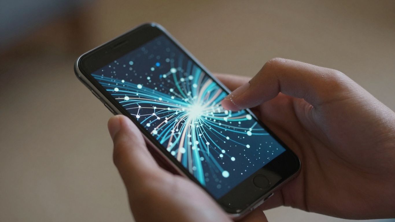 Hands holding smartphone with abstract data visualization.