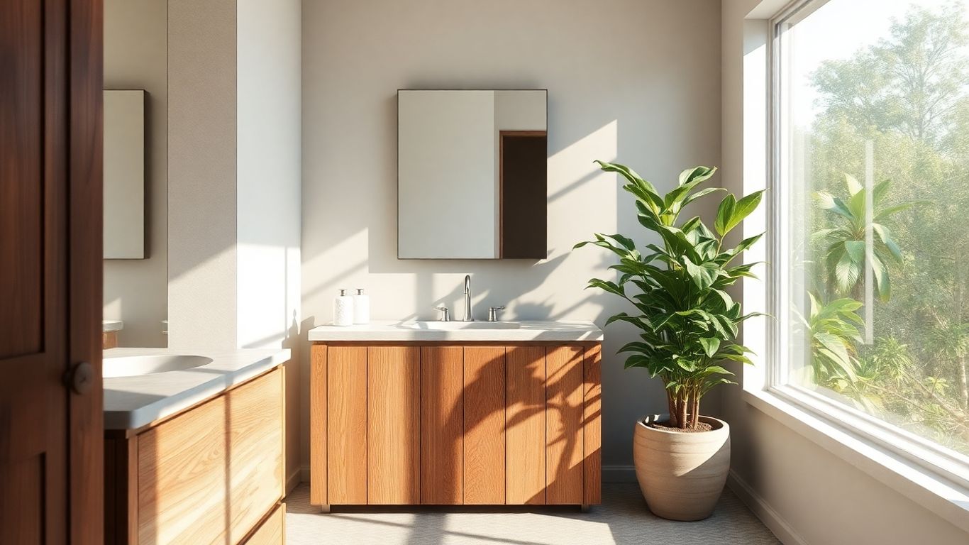 Eco-friendly bathroom with natural materials and plants.