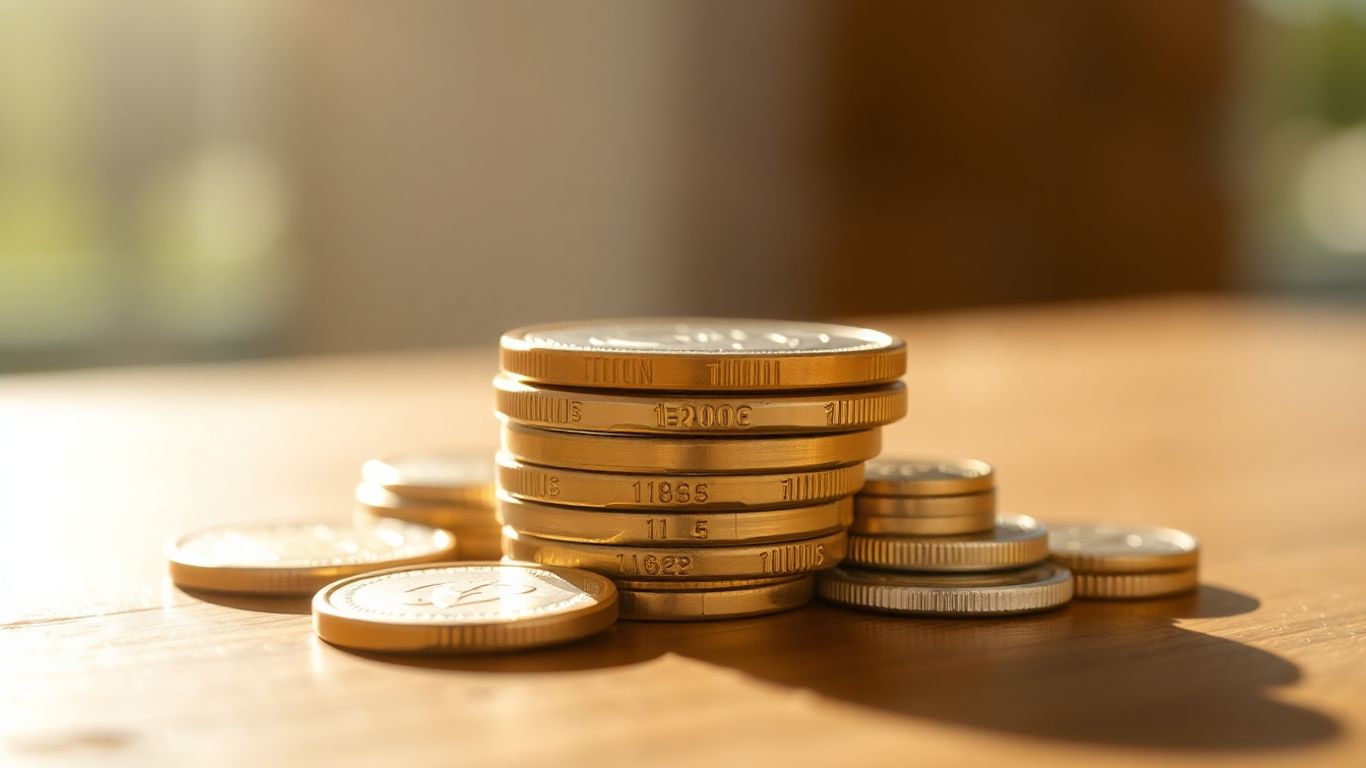 Stack of various coins, gold and silver, on wood.