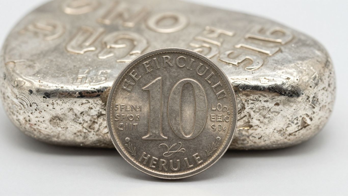 10-Franc-Herkulesmünze aus Silber und Silberbarren.
