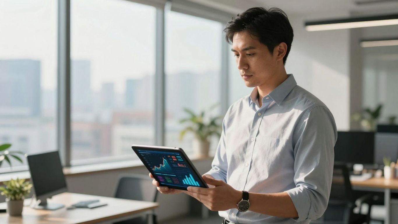 Finance analyst in modern office with city view.