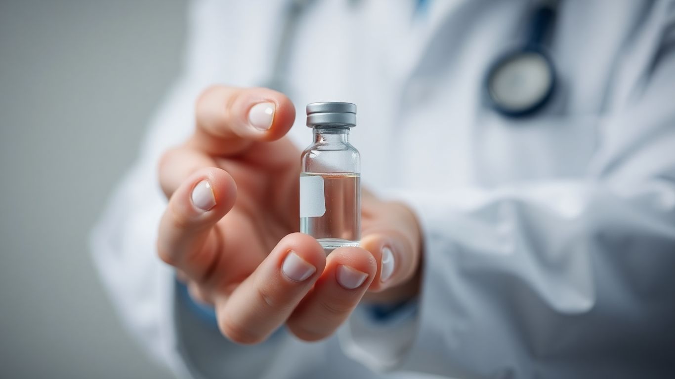 Mână de medic ținând o fiolă de antibiotic.