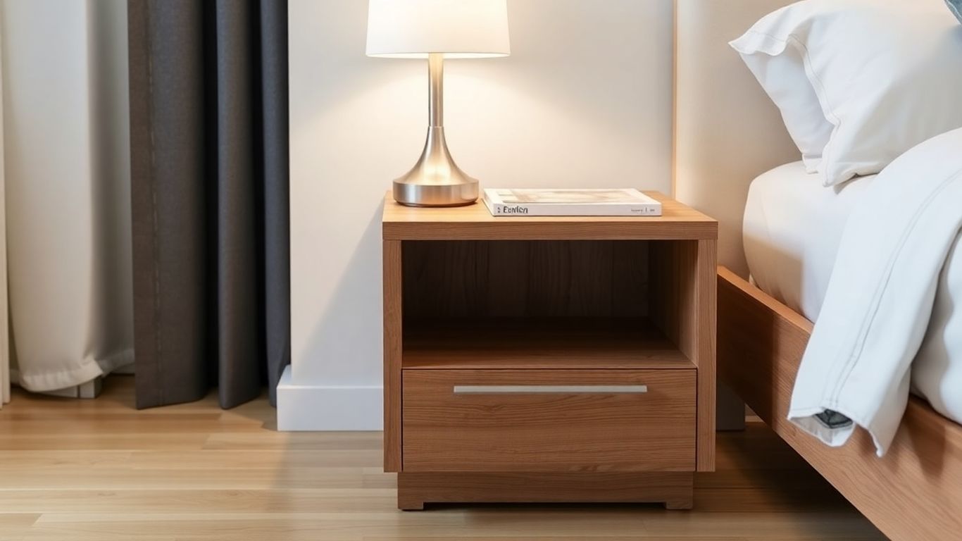 Modern nightstand with lamp and book in bedroom.
