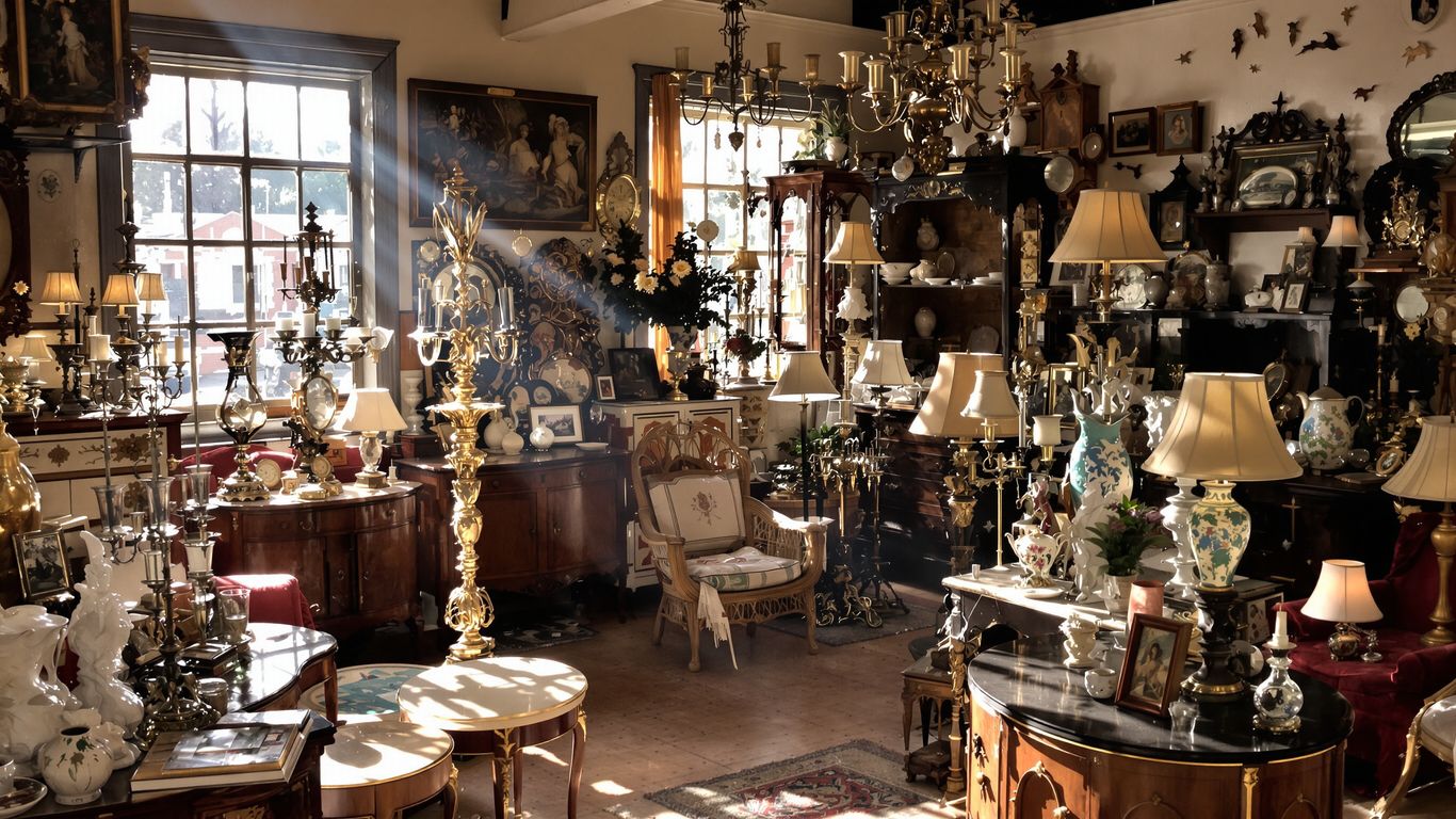 Antique shop interior with vintage furniture and decorative items.