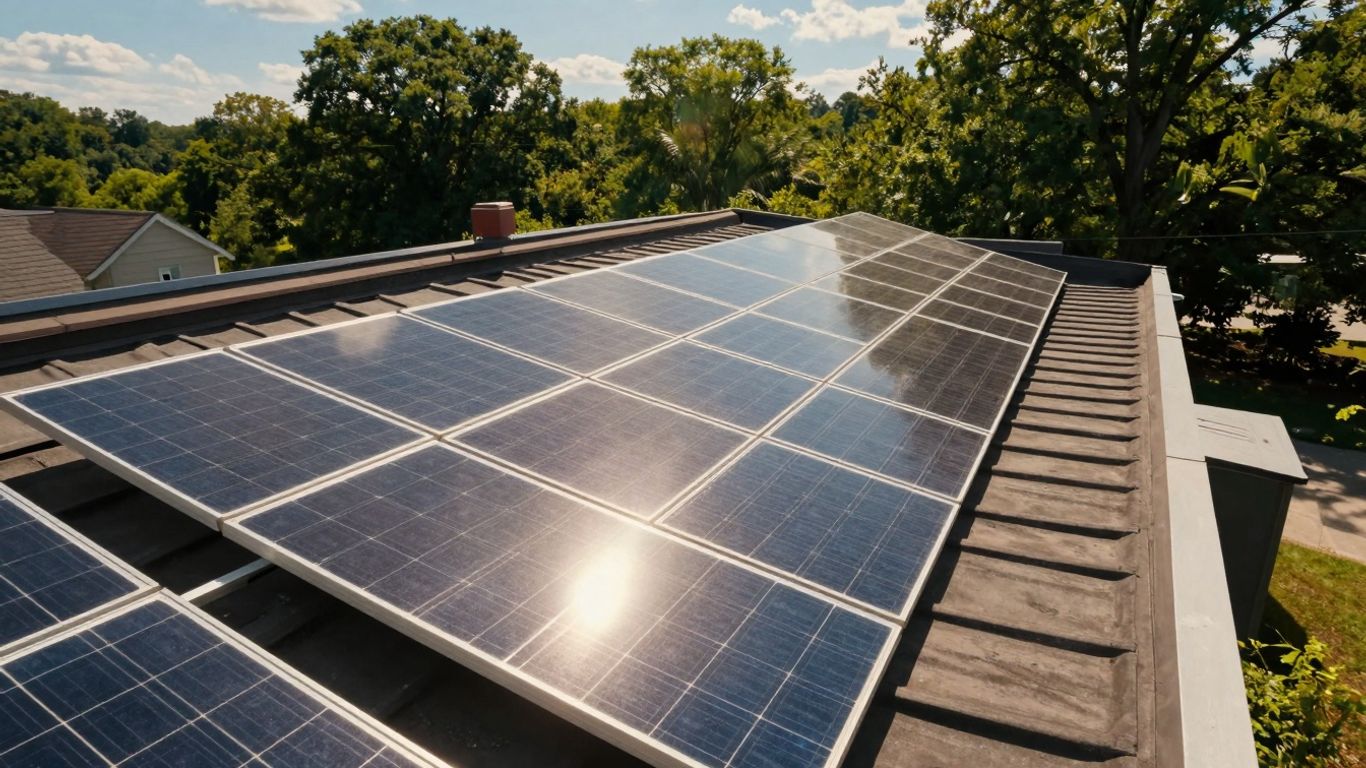 Virginia Rooftop With Solar Panels Under A Sunny Sky.
