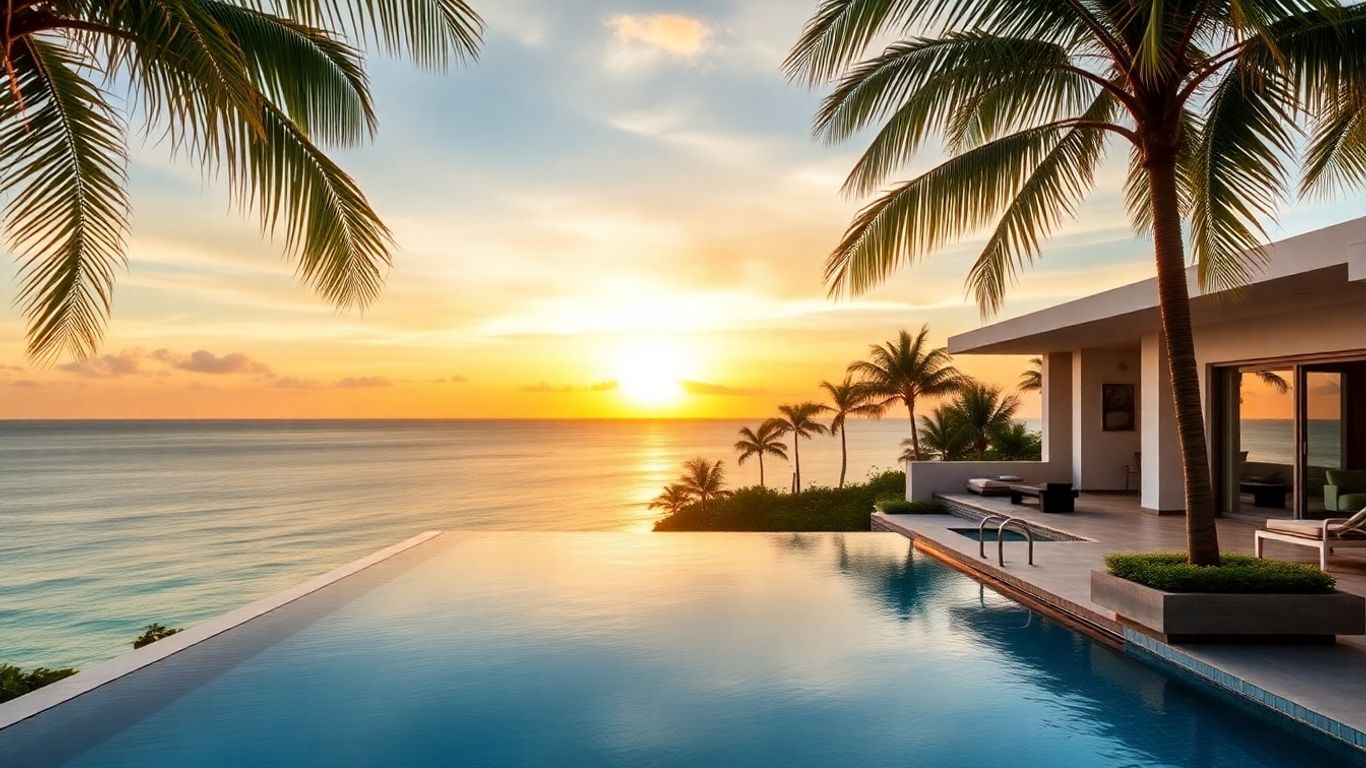 Luxury infinity pool overlooking ocean at sunset, Phuket.