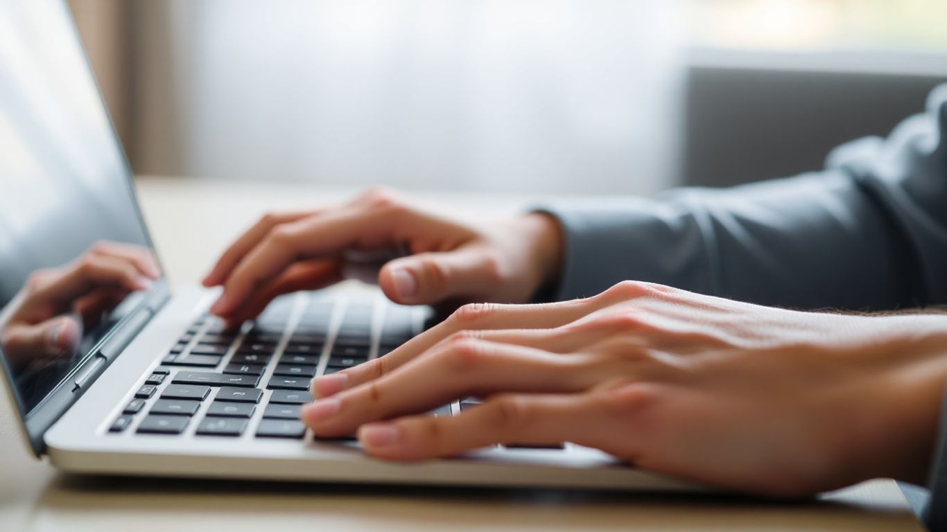Hands typing on a laptop keyboard.