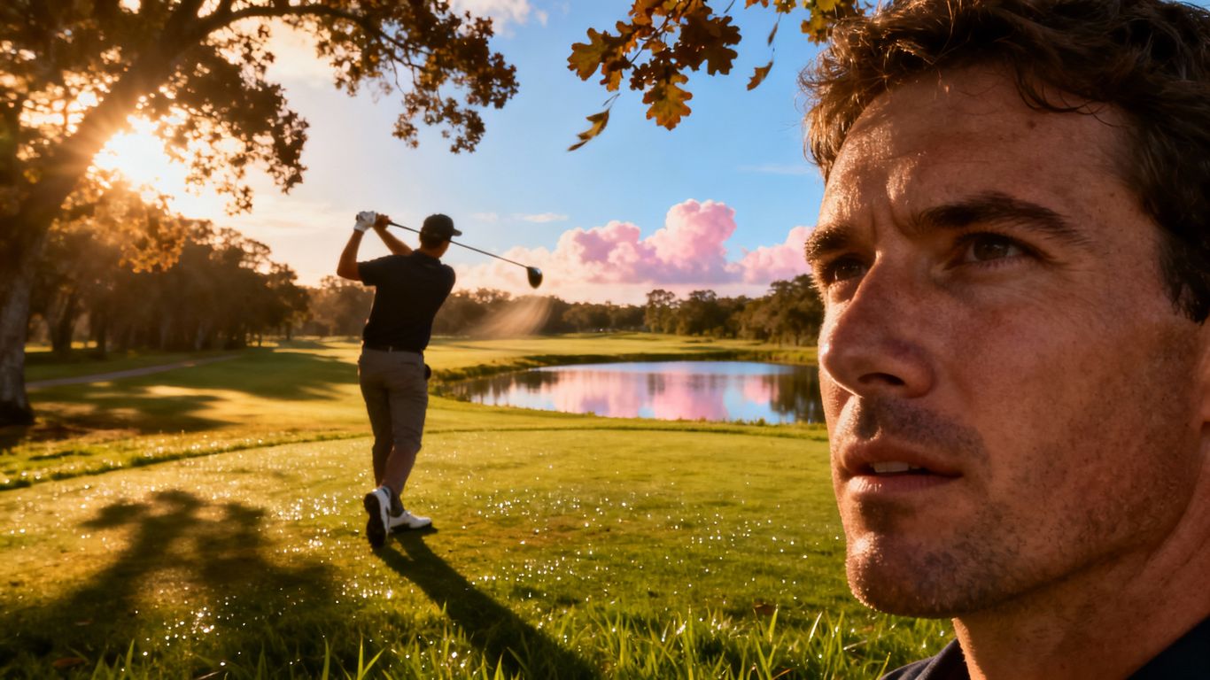 高爾夫球手揮桿,陽光灑落,微風吹拂,水面閃耀。