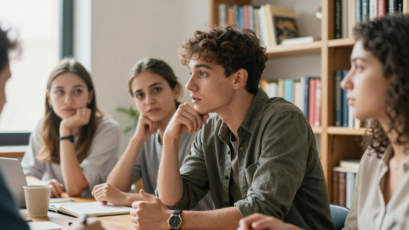 Grup de tineri discutând activ despre cultură și idei.
