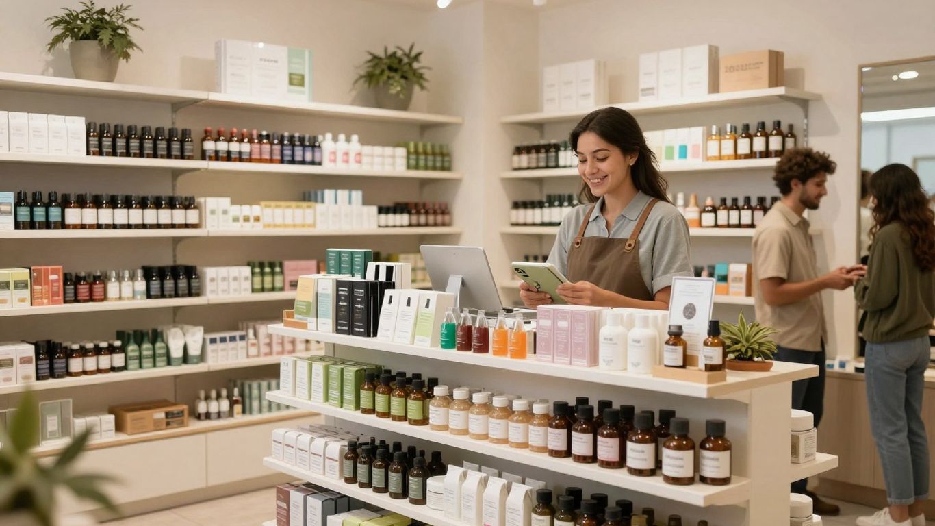 Modern dispensary interior with cannabis products on shelves.