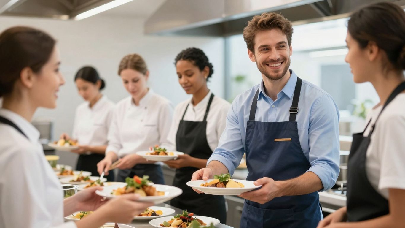 Gastronomi-Mitarbeiter in geschäftiger Küche, lächelnd und Essen vorbereitend.