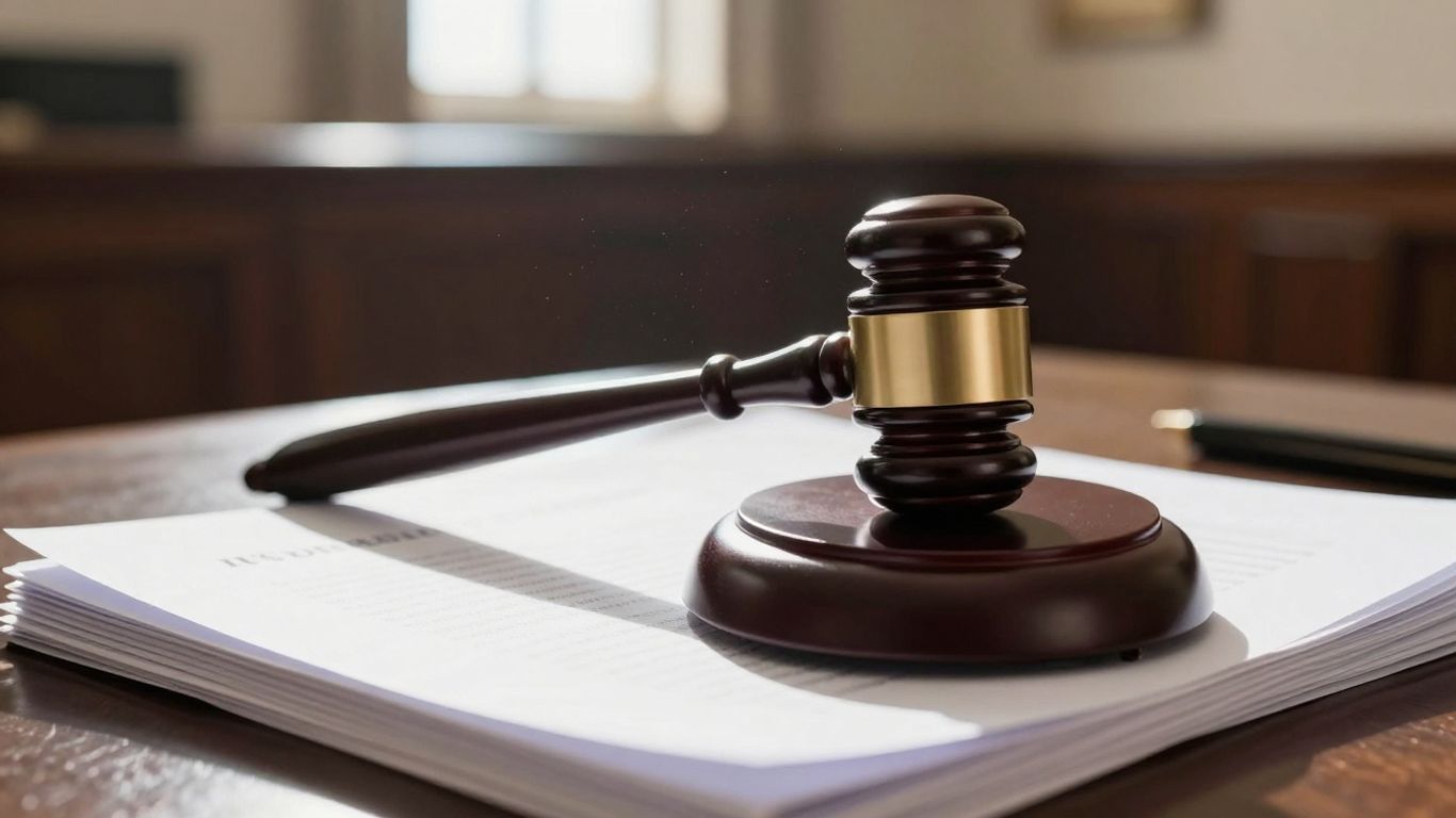 Gavel on legal documents in a courthouse.